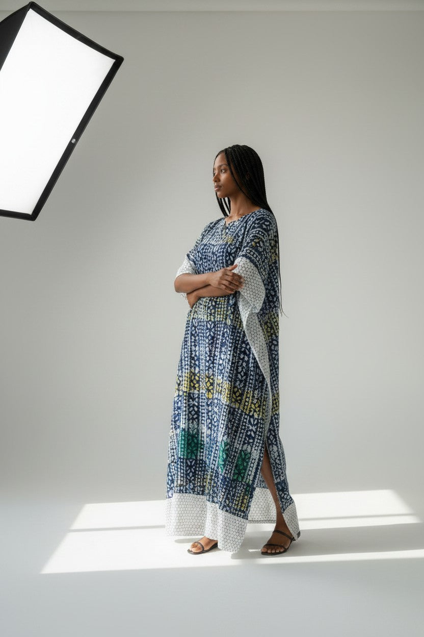 Robe longue boubou en pagne Adiré - Rivière Sacrée