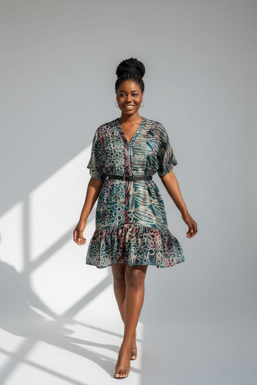 Robe courte en pagne Adiré - Nectar de Turquoise