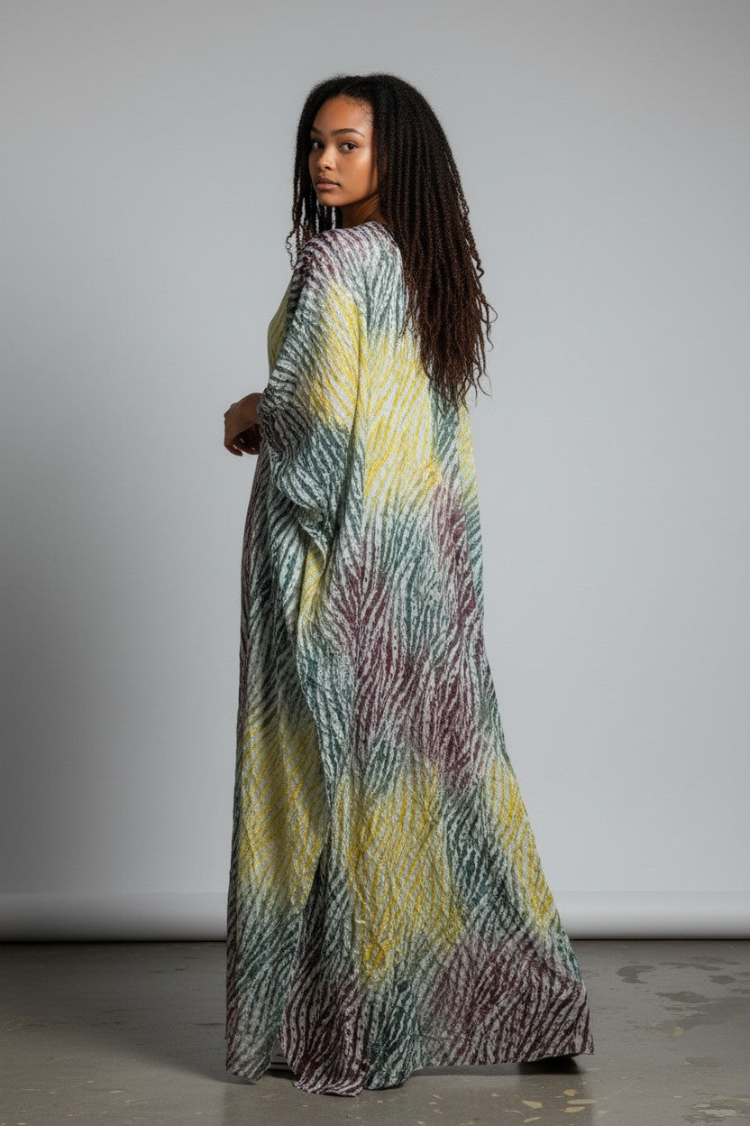 Robe longue fluide en pagne Adiré - Aurore du Sahel
