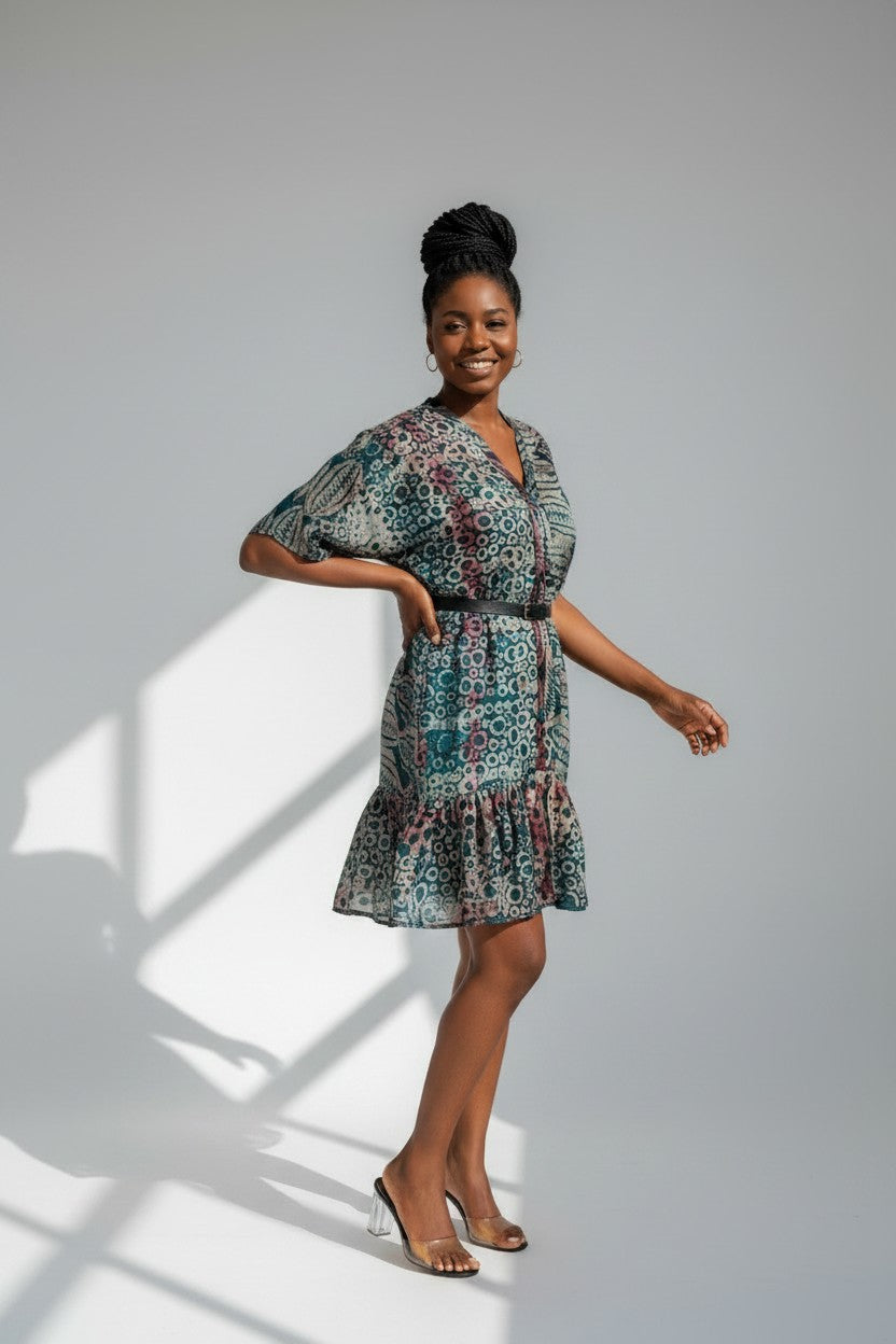 Robe courte en pagne Adiré - Nectar de Turquoise