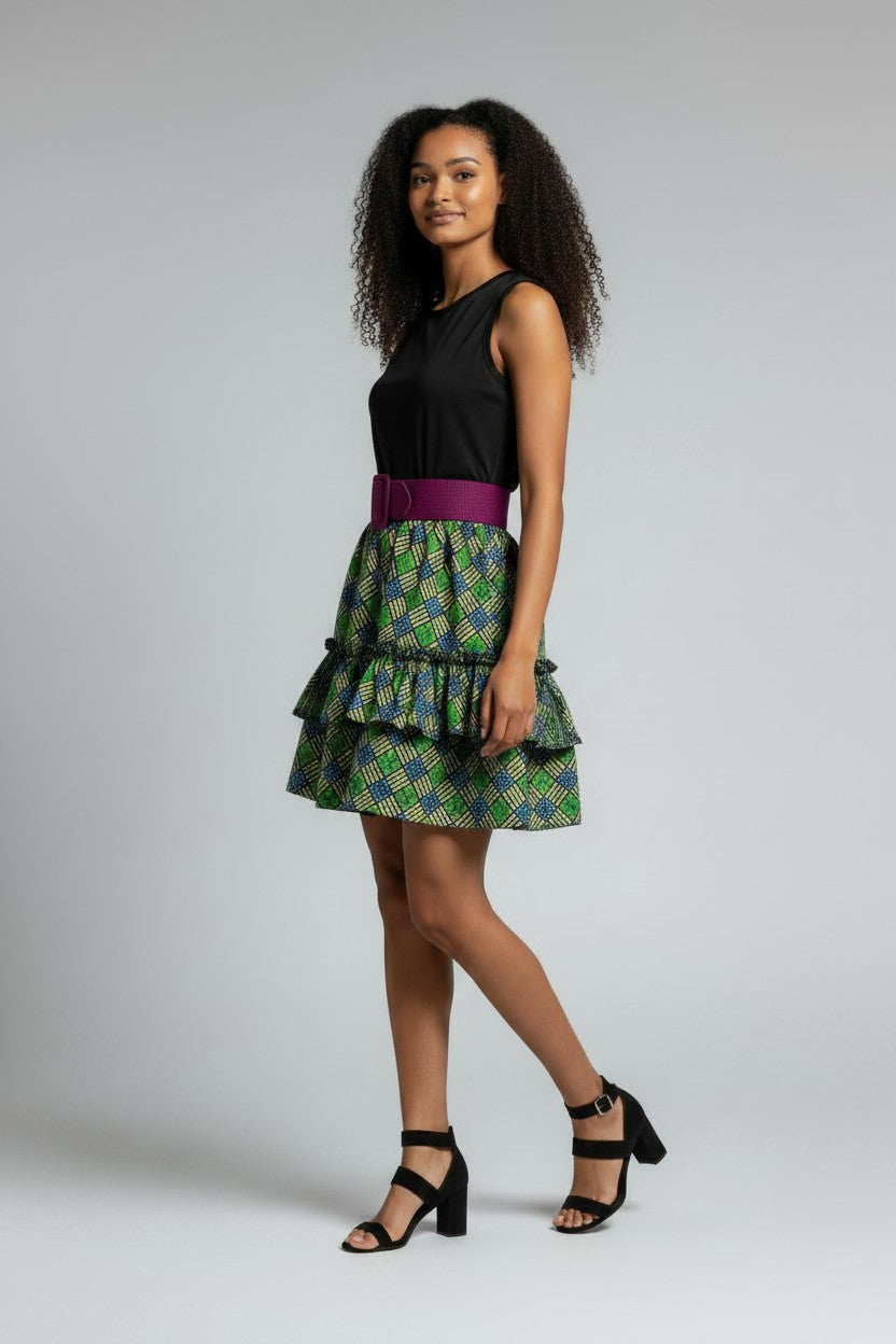 Robe volantée en pagne Adiré - Volupté d'Émeraude