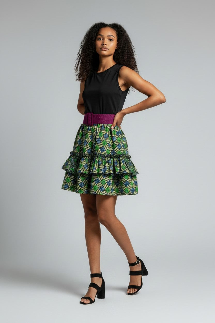 Robe volantée en pagne Adiré - Volupté d'Émeraude