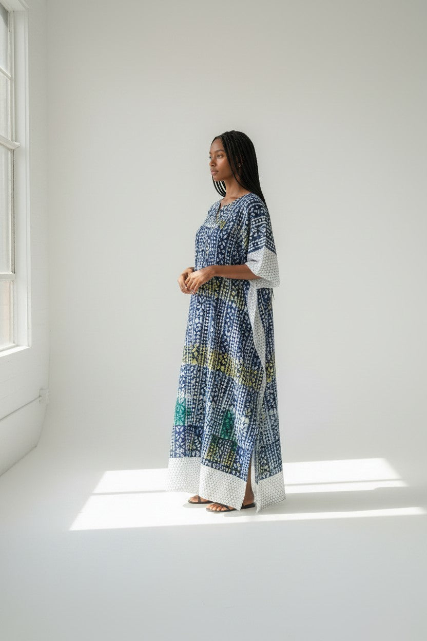 Robe longue boubou en pagne Adiré - Rivière Sacrée