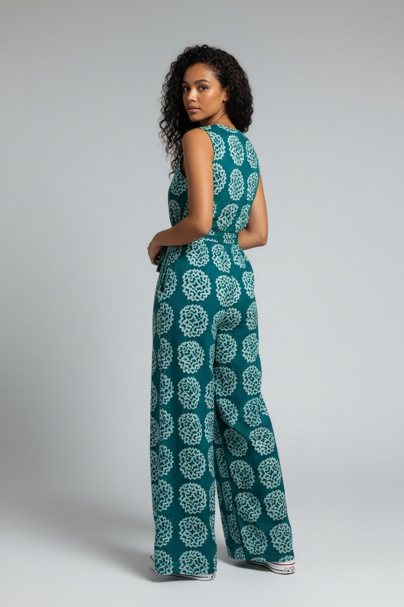 Combinaison pantalon en pagne Adiré - Éclosion Émeraude