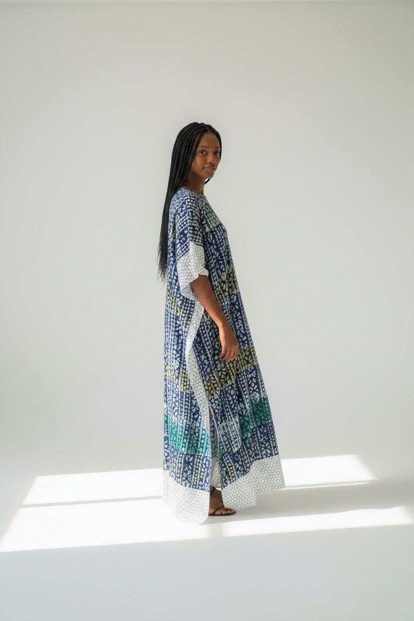 Robe longue boubou en pagne Adiré - Rivière Sacrée